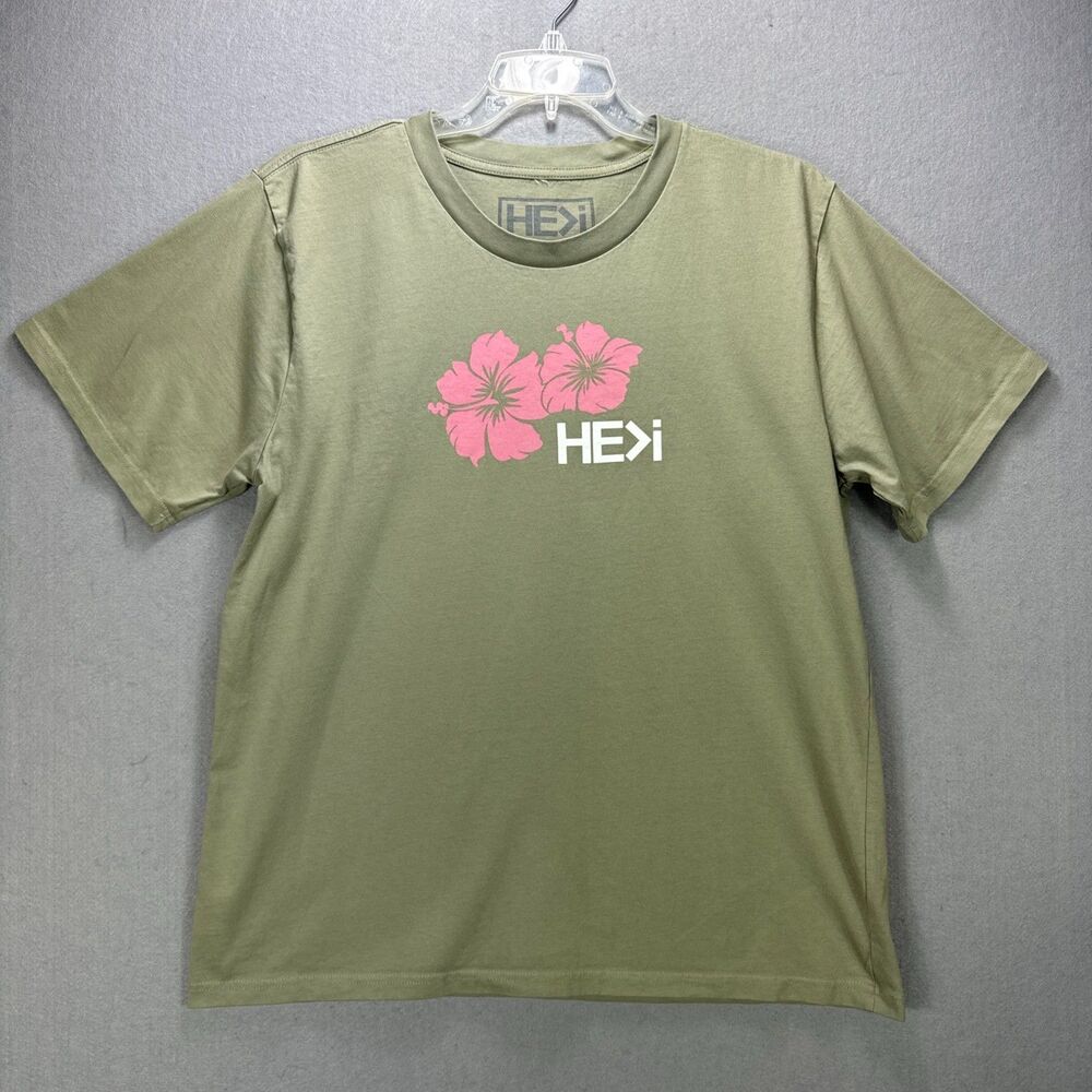 HE is greater than i Tee Shirt XL Olive Green Pink Hibiscus Hawaii Aloha Surf